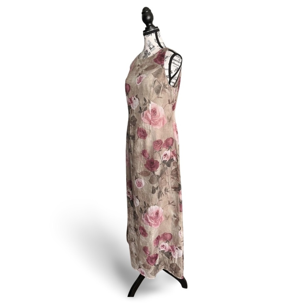 🇨🇦 Vintage 90s Muted Green and Rose Algo Crinkled Floral Maxi Dress Size 10P - Picture 4 of 7